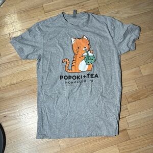 popoko tea honolulu HI gray medium tee cat drinking boba t-shirt